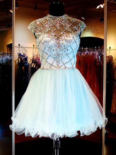 classy prom dresses,Light Sky Blue A-line High Neck Short Sleeve Short/Mini Tulle Homecoming Dresses Short Prom Dresses 1147