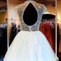 classy prom dresses,Light Sky Blue A-line High Neck Short Sleeve Short/Mini Tulle Homecoming Dresses Short Prom Dresses 1147 - Thumbnail 1