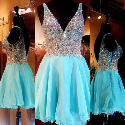 Fitted prom dresses,blue a-line v-neck short/mini chiffon homecoming dresses cocktail dresses 1494