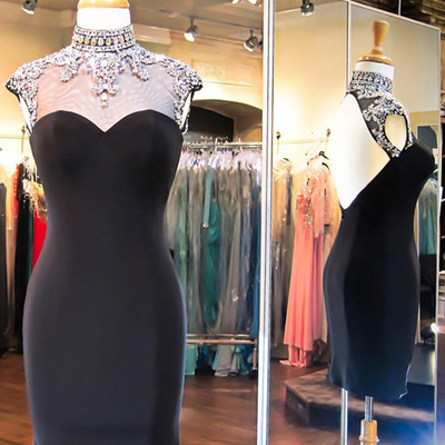 Prom dresses with backless,black sheath/column high neck chiffon homecoming dresses cocktail dresses 1490