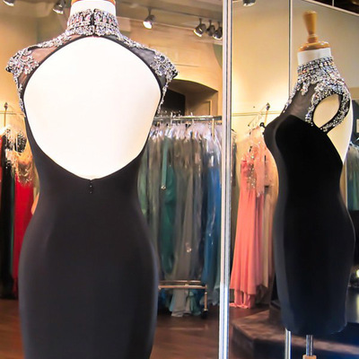 Prom dresses with backless,black sheath/column high neck chiffon homecoming dresses cocktail dresses 1490