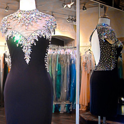 Short prom dresses,black sheath/column high neck chiffon homecoming dresses cocktail dresses 1489