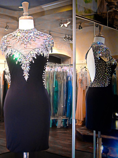 short prom dresses,Black Sheath/Column High Neck Chiffon Homecoming Dresses Cocktail Dresses 1489