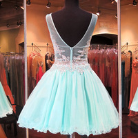 mint prom dresses,Mint A-line Bateau Sleeveless Short/Mini Tulle Homecoming Dresses Short Prom Dresses 1486 - Thumbnail 1