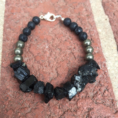 Black tourmaline, pyrite and lava rocks bracelet - black tourmaline - pyrite - lava rocks - grounding bracelet - protection bracelet - Thumbnail 1