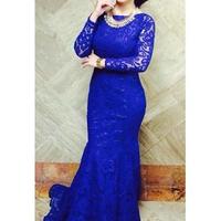 lace prom dress, long prom dress, blue prom dress, lace long sleeves prom dress, evening dress, BD15871 - Thumbnail 1