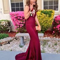 V-neck Sweep Train burgundy mermaid long evening dresses,formal dresses - Thumbnail 4