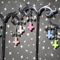 Silver Bows and Inverted Pastel Cross Earrings (Various Colors)  - Thumbnail 1