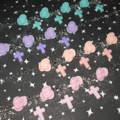 Pastel roses, silver bows, and pastel crosses loli charm bracelet (mint, lilac, peach, or pale pink) 