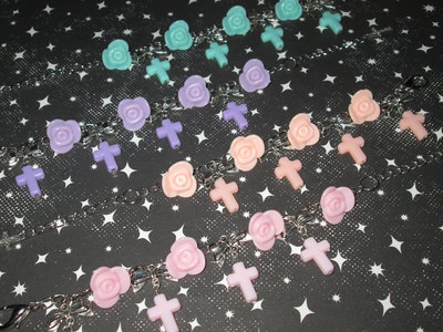 Pastel Roses, Silver Bows, and Pastel Crosses Loli Charm Bracelet (Mint, Lilac, Peach, or Pale Pink) 