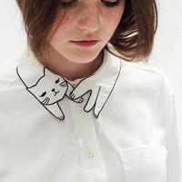 Cute Kitty Cat embroidered Collar Long Sleeved Shirt - Thumbnail 3