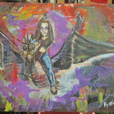 Kayla rides a dragon, a painting 
