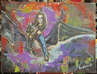 Kayla rides a dragon, a painting 