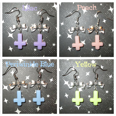 Silver bows and inverted pastel cross earrings (various colors) 