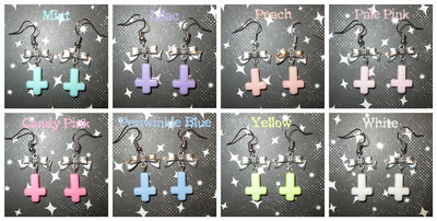 Silver Bows and Inverted Pastel Cross Earrings (Various Colors) 