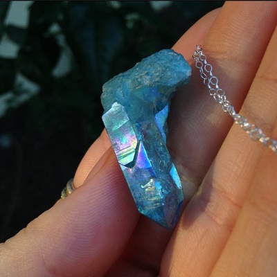 Aqua aura quartz necklace ((sterling silver chain))