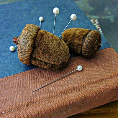 Mini Acorn Pincushions in Brown, Handmade Set of 2