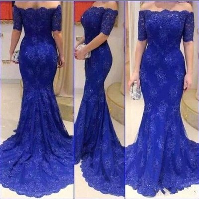 Royal blue lace prom dress evening gown with half sleeves pst0603
