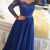 Royal Blue Prom Dress With Sleeves Party Gown pst0668 - Thumbnail 1