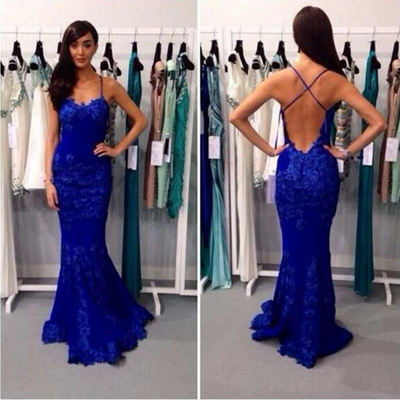 Sexy backless royal blue lace prom dress evening party dress pst0672