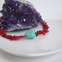 Turquoise and Coral Choker, Short Coral Necklace, Beach Summer Necklace, Red Coral Necklace, Turquoise and Coral - Thumbnail 1