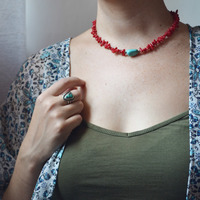 Turquoise and Coral Choker, Short Coral Necklace, Beach Summer Necklace, Red Coral Necklace, Turquoise and Coral - Thumbnail 3