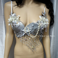 Dripping in Silver Mermaid Bra Cosplay Dance Costume Rave Bra Halloween Burlesque Show Girl - Thumbnail 1