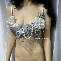 Dripping in Silver Mermaid Bra Cosplay Dance Costume Rave Bra Halloween Burlesque Show Girl - Thumbnail 3