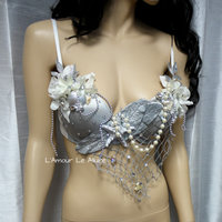 Dripping in Silver Mermaid Bra Cosplay Dance Costume Rave Bra Halloween Burlesque Show Girl - Thumbnail 4
