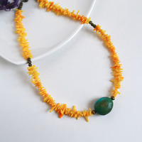 Turquoise and Coral Necklace, Summer Choker, Short Necklace, Beach Jewelry, Genuine Turquoise Necklace - Thumbnail 3