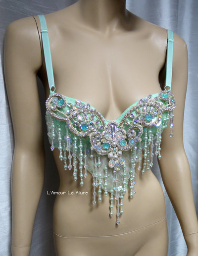 Mint Mermaid Shell Bra Cosplay Dance Costume Rave Bra Rave Wear Halloween Burlesque Show Girl