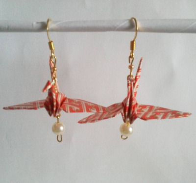 Origami Crane earrings: Orangeish Red pattern