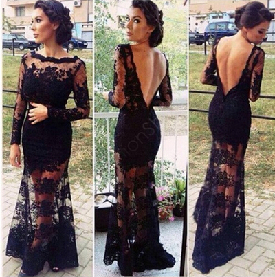 Women Sexy Black Dress Lace Slit Backless Maxi dress Club Dress,evening dress