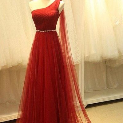 Pretty tulle one shoulder wine red long simple prom dresses,wine red formal dresses,formal gowns,evening dresses