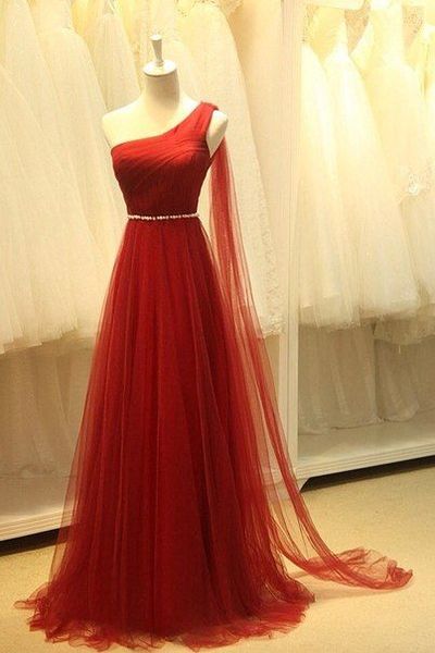 Pretty Tulle One Shoulder Wine Red Long Simple Prom Dresses,Wine Red Formal Dresses,Formal Gowns,Evening Dresses