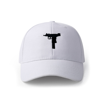 HIGH QUALITY MACHINE GUN ILLUSTRATION BASEBALL CAP IN WHITE