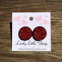 12mm Dark Red Glitter Studs with Black Setting  - Thumbnail 1