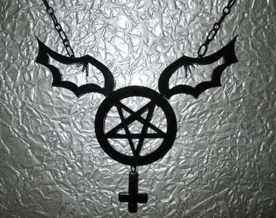 Black Inverted Acrylic Pentagram Necklace with Bat Wings and Inverted Cross