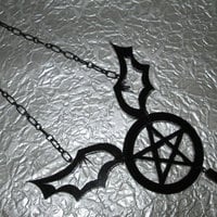 Black Inverted Acrylic Pentagram Necklace with Bat Wings and Inverted Cross - Thumbnail 2