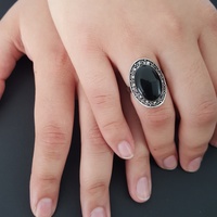 Ring - "Ashley Ring" - Marcasite Around Black Pendant Ring - Big Ring - Silver - Black Pendant Silver - Gothic - Vintage Style - Victorian - Thumbnail 2
