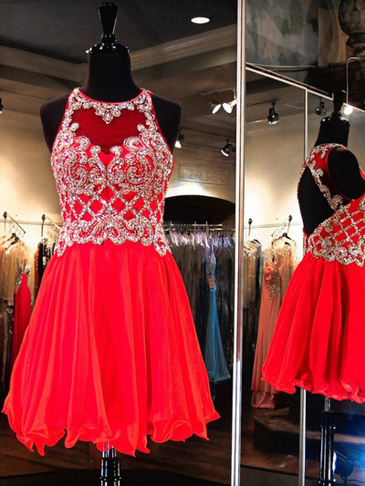 red prom dresses,A-line Scoop Short Mini Chiffon Homecoming Dresses Cocktail Dresses 1469