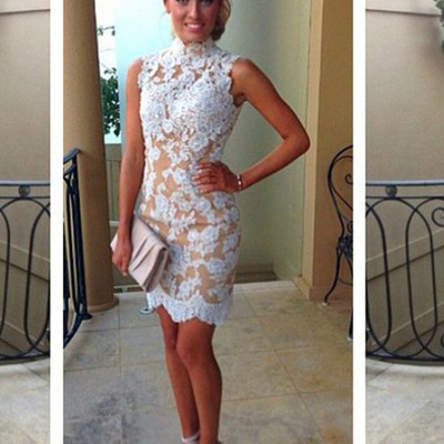 Ivory prom dresses,ivory sheath column high neck short/mini tulle homecoming dresses cocktail dresses 1440
