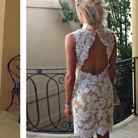 ivory prom dresses,Ivory Sheath Column High Neck Short/Mini Tulle Homecoming Dresses Cocktail Dresses 1440 - Thumbnail 1