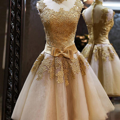 2016 prom dresses,gold a-line high neck organza appliques short prom dresses homecoming dresses 034