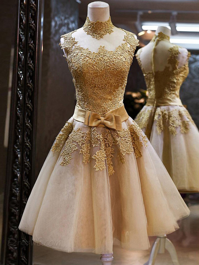 2016 prom dresses,Gold A-line High Neck Organza Appliques Short Prom Dresses Homecoming Dresses 034