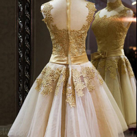 2016 prom dresses,Gold A-line High Neck Organza Appliques Short Prom Dresses Homecoming Dresses 034 - Thumbnail 1