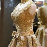 2016 prom dresses,Gold A-line High Neck Organza Appliques Short Prom Dresses Homecoming Dresses 034 - Thumbnail 2