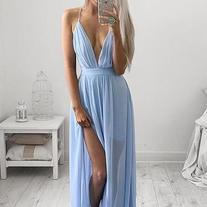 V neck Simple A-line chiffon backless long blue prom dress ,beautiful evening dress 