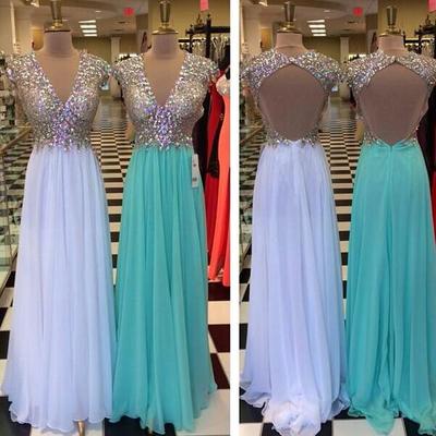 Beading Top Cap Sleeve A Line Floor Length Long Backless Prom Dresses ,Elegant Prom Dress