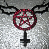 Red and Black Acrylic Pentagram Necklace with Bat Wings and Inverted Cross - Thumbnail 1